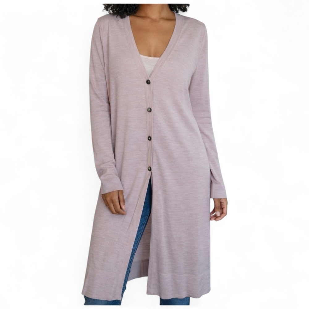 Pure Collection 100% Superfine Wool Long Button Cardigan Sweater Women's 4 Mauve